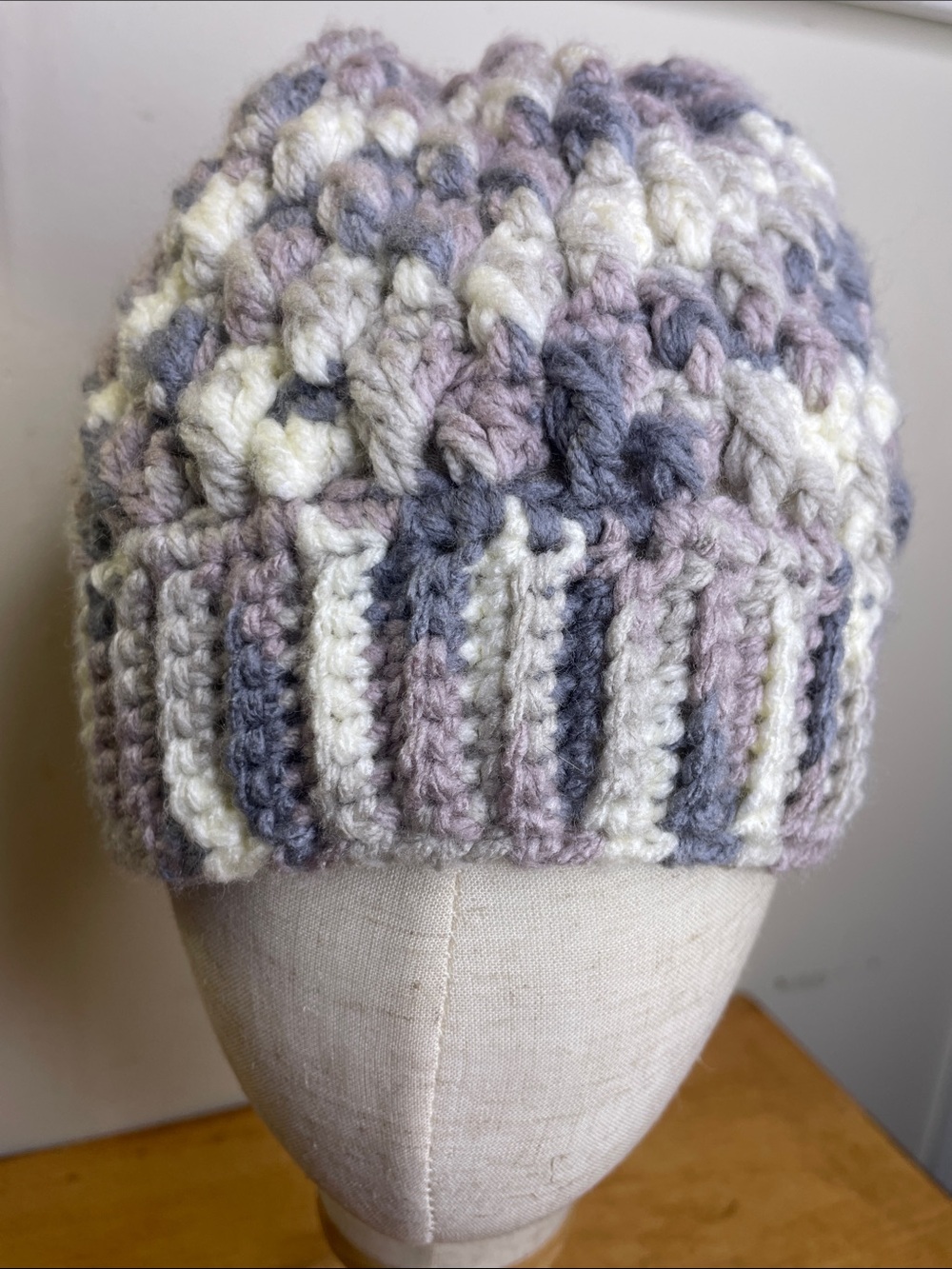 Chunky Knit Beanie in Ivory, Light Gray & Lilac